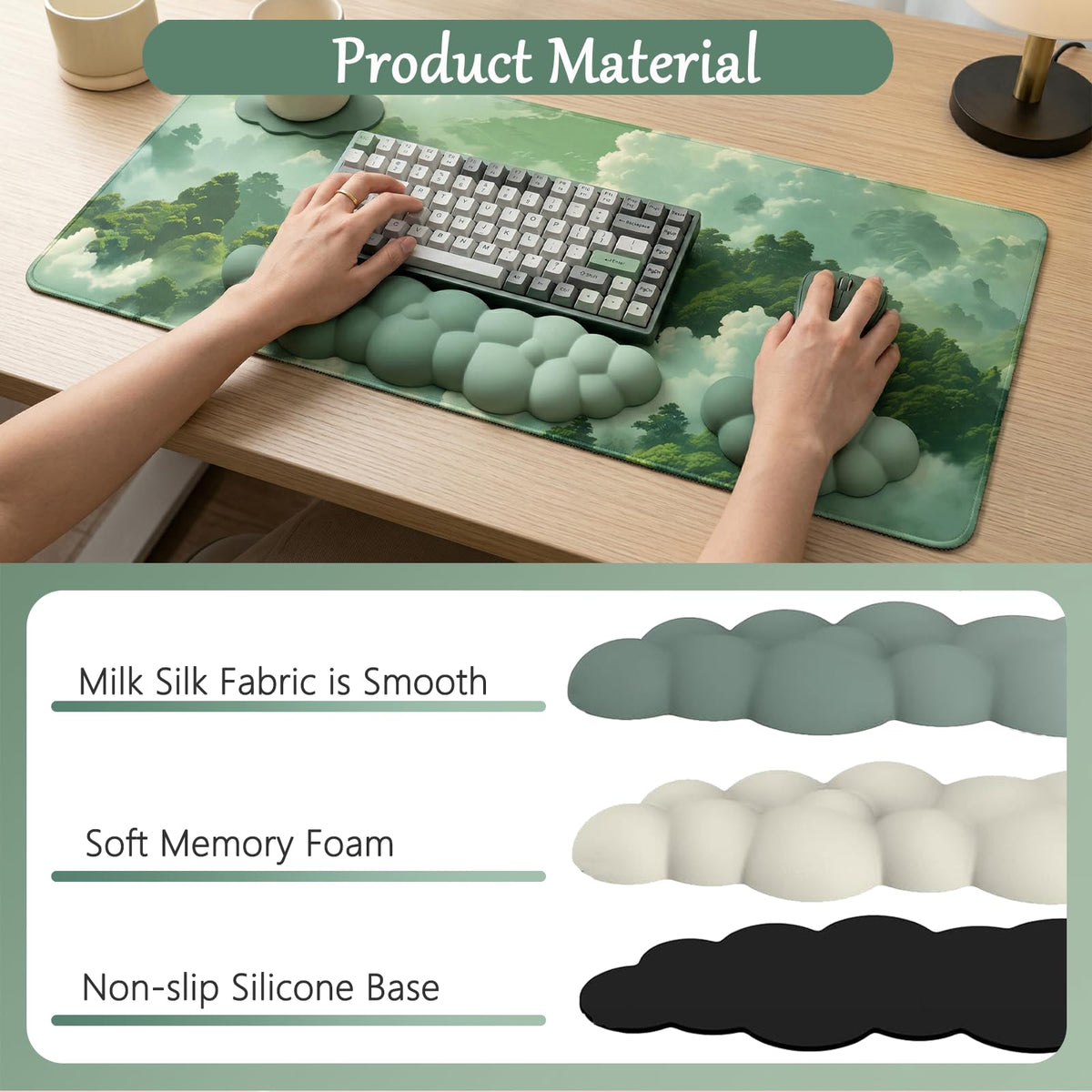 Green Cloud Mouse Pad and Keyboard Wrist Rest 4PCS Extended Forest Mountain Aesthetic Large Desk