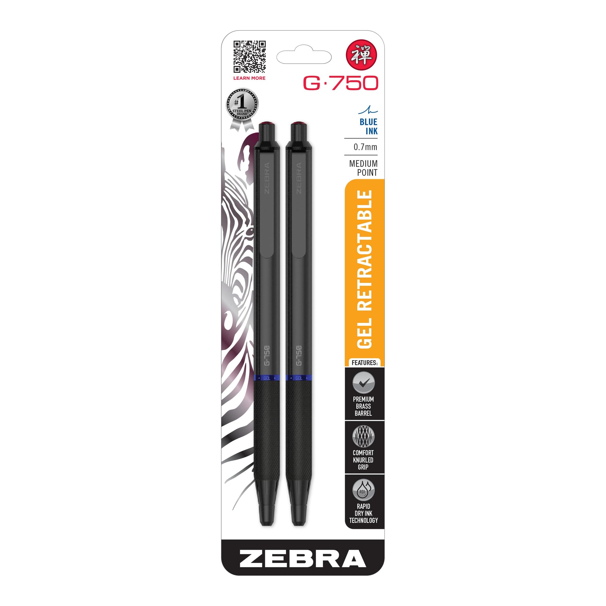 Zebra Pen G-750 Black Brass Retractable Gel Pen, Blue Ink, 0.7mm, 2-Pack