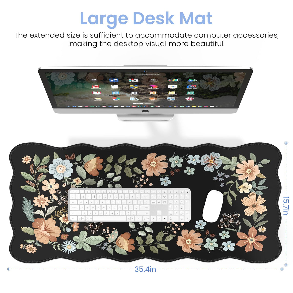 HAOCOO Scalloped Desk Mat for Keyboard, Floral Mouse Pad(Black)