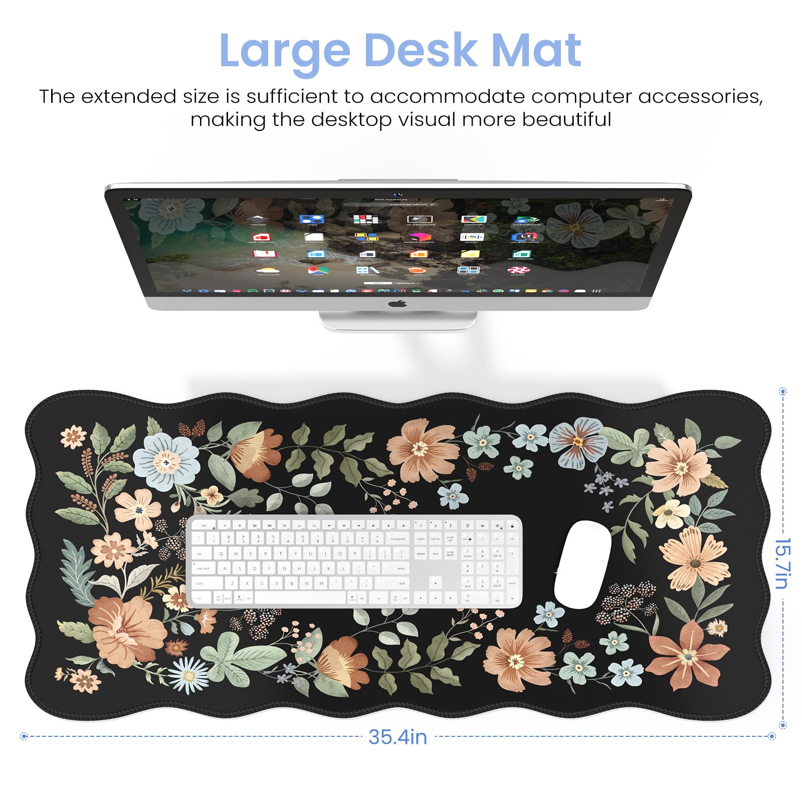 HAOCOO Scalloped Desk Mat for Keyboard, Floral Mouse Pad(Black)