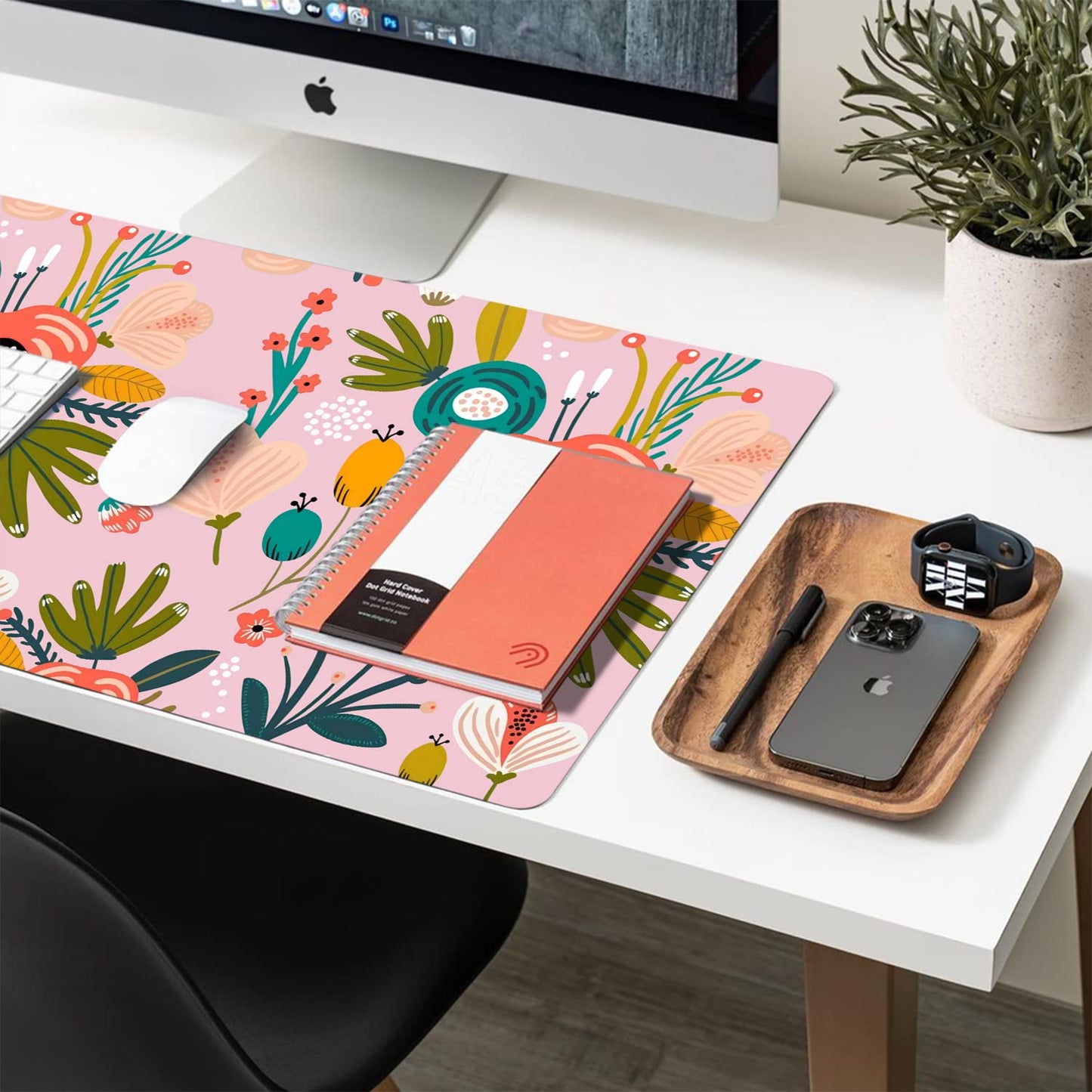 Pink Floral Desk Mat, Non-Slip PU Leather Desk Pad 27.5"x13.8"