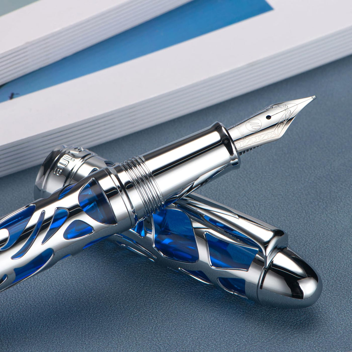 Asvine P80 Piston Filling Fountain Pen Extra Fine Nib, Spider Skeleton Transparent Blue Acrylic Pen