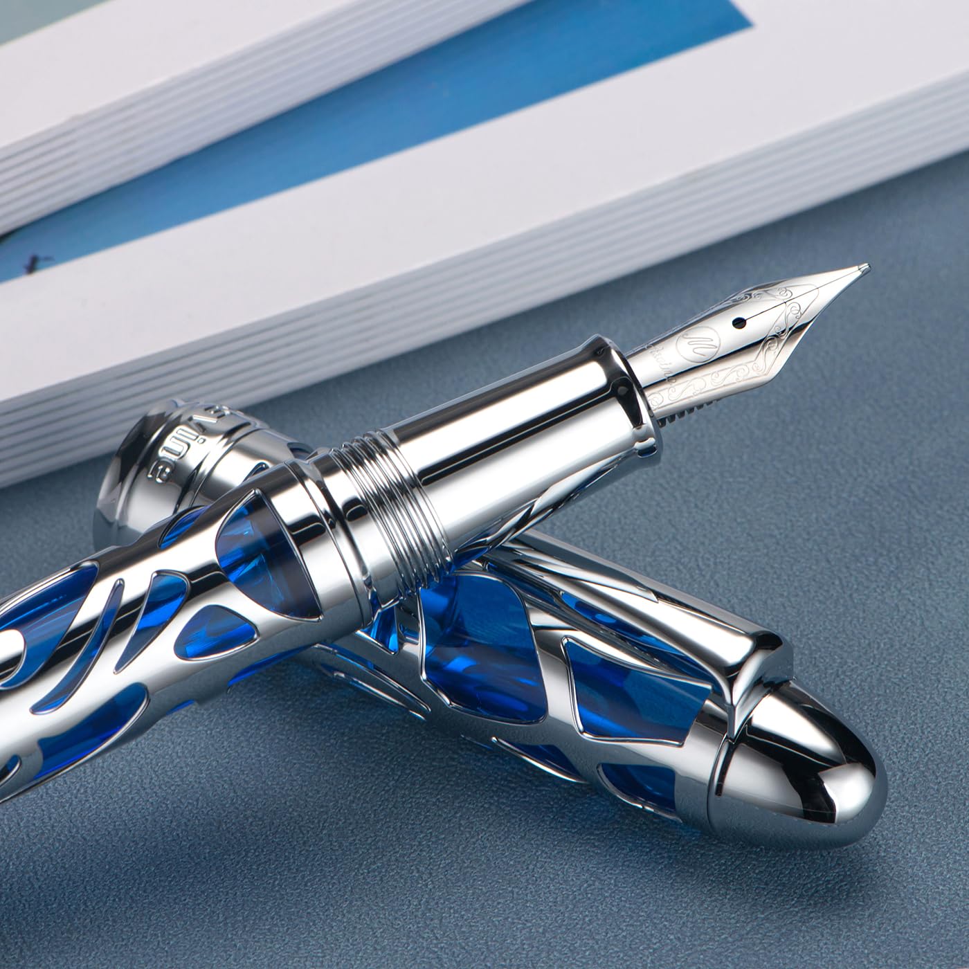 Asvine P80 Piston Filling Fountain Pen Fine Nib, Spider Skeleton Transparent Blue Acrylic Pen Case
