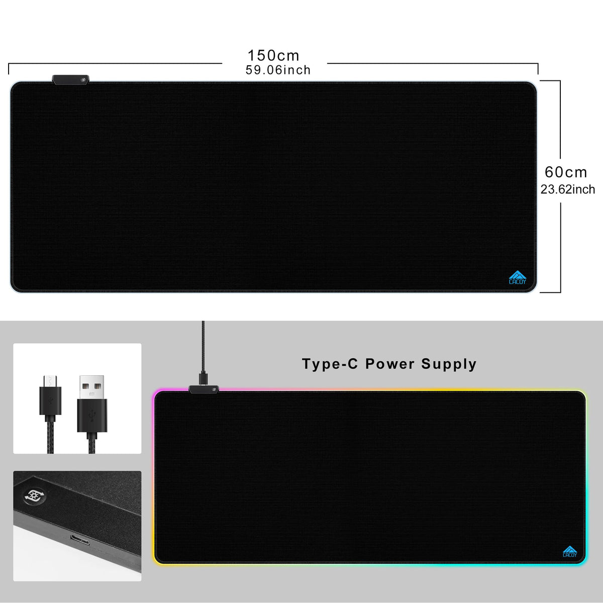 Cacoy 59"x24" Large RGB Gaming Mouse Pad, XXL Non-Slip LED Desk Mat, Black