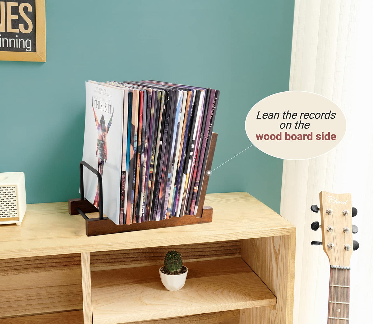 Mkono Vinyl Record Storage Holder Modern Album Display Solid Wood Stand with Black Metal Rack
