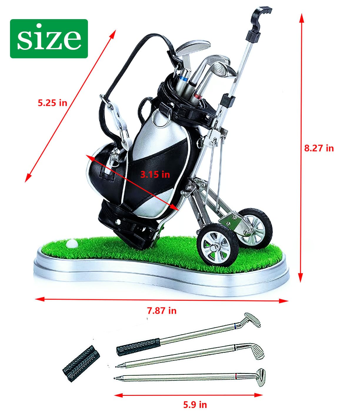 Golf Pen Holder with 3 Club Pens and Movable Golf Cart, Mini Golf Bag Desk Decor for Office, Funny