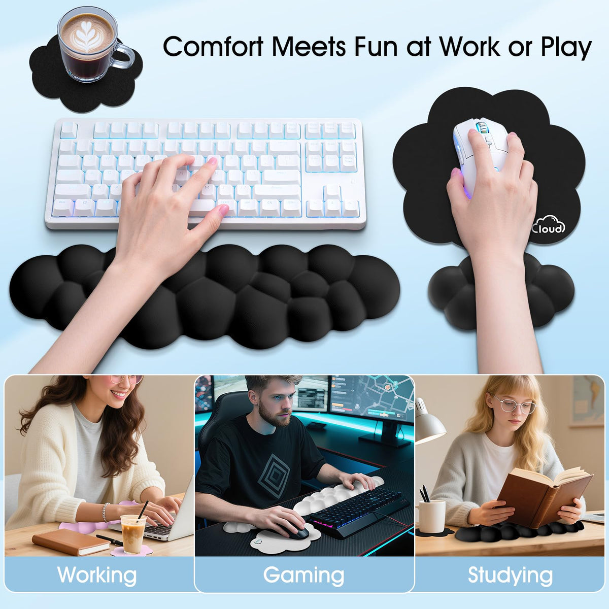 Retuhapy Cloud Wrist Rest Keyboard Cushion and Cloud Mouse Pad, Black