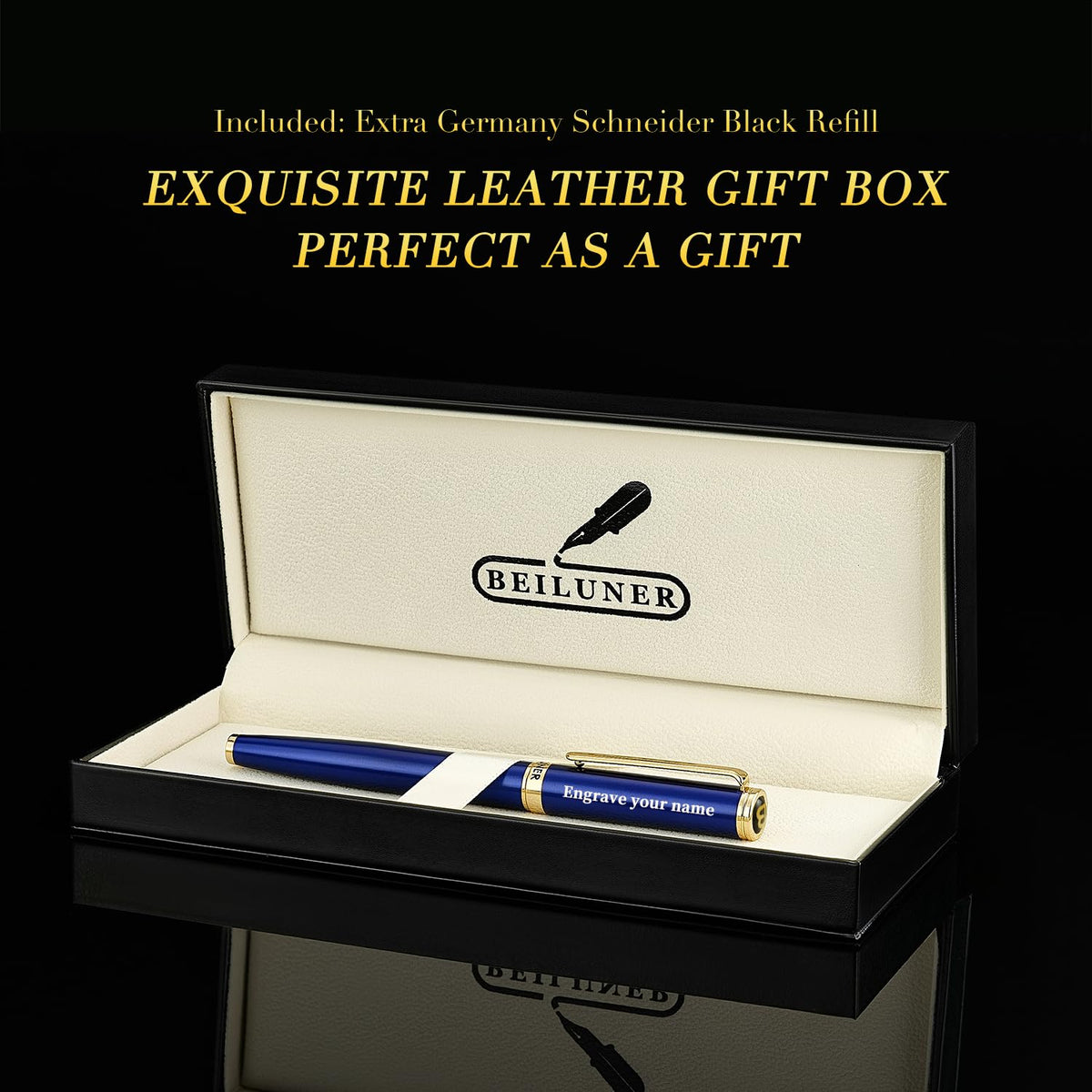 BEILUNER Blue Personalized Fountain Pen,Stunning Luxury Lacquer,24K Gilded Nib(Fine),Gorgeous 24K