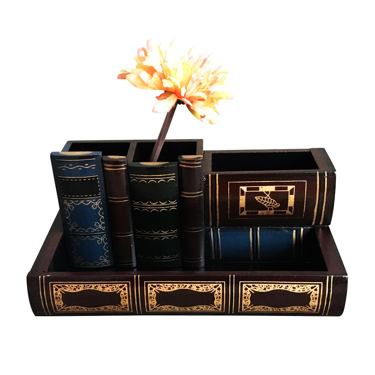 Tosnail Decorative Pen Holder with Storage Compartment, Wooden Pencil Holder and Organizer, Antique