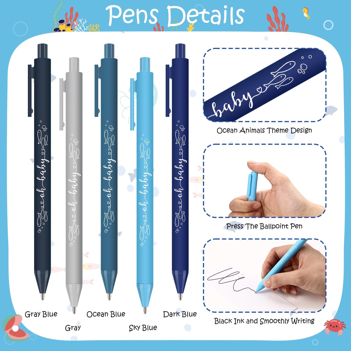 Engrowtic 50 Set Ocean Baby Shower Gifts Pens for Guests Under the Sea Baby Shower Favors