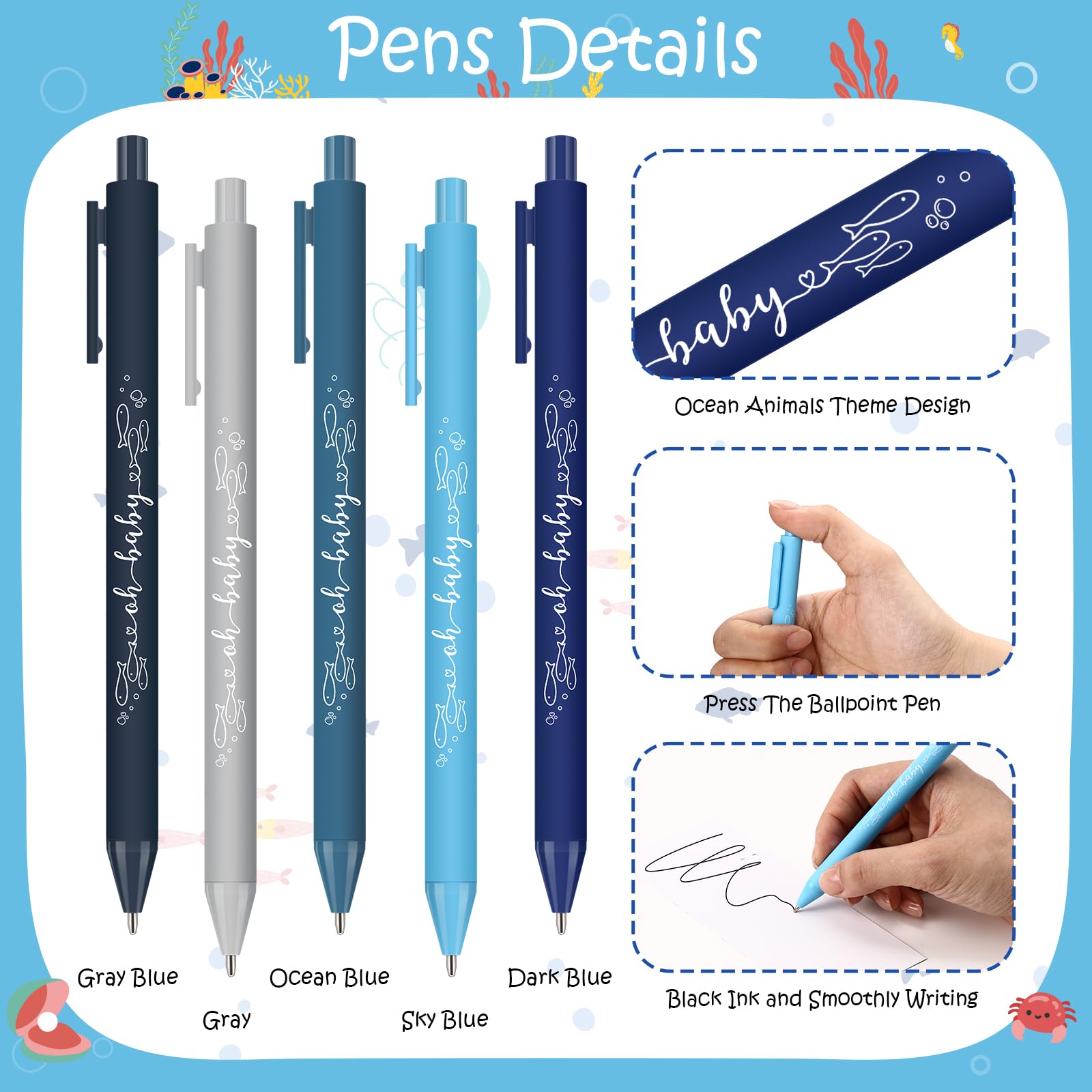 Engrowtic 50 Set Ocean Baby Shower Gifts Pens for Guests Under the Sea Baby Shower Favors