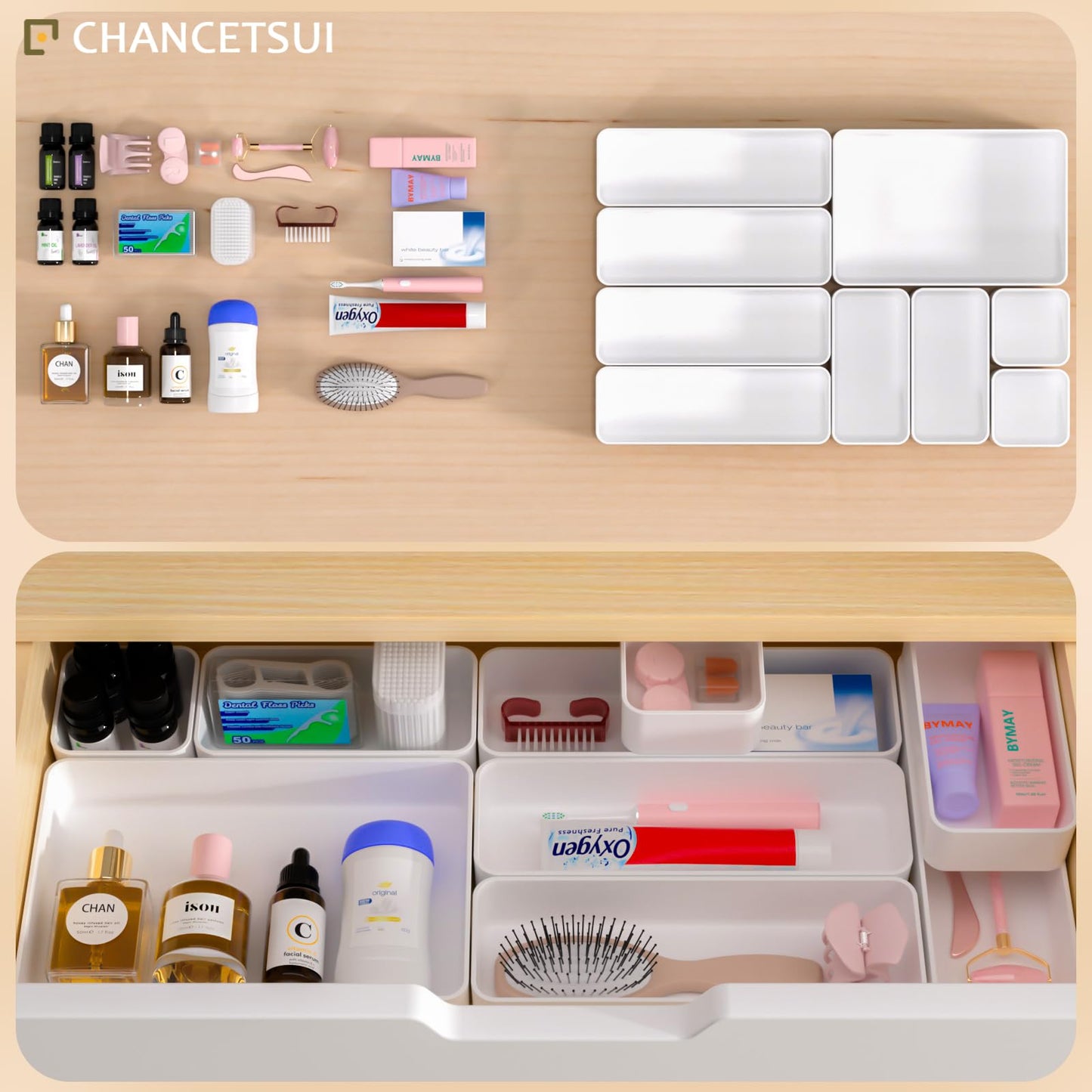 White Desk Drawer Organizer Trays: 9PC Shallow Vanity Bathroom Organizers