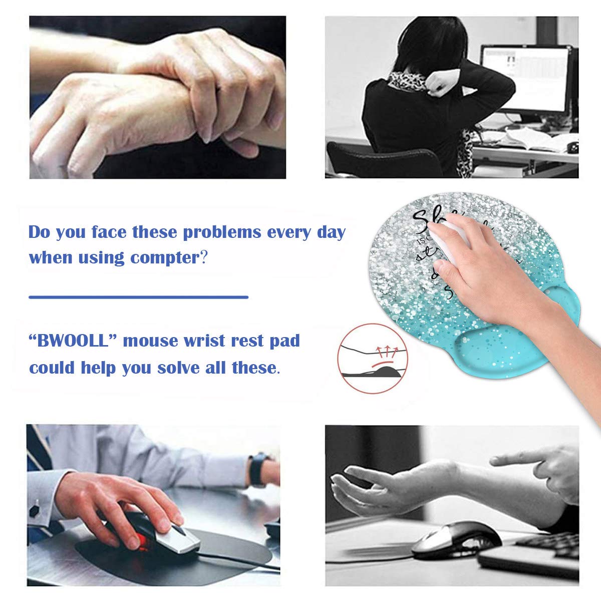 Ergonomic Mouse Pad Wrist Support and Coasters Set, Cute Wrist Rest Pad with Non-Slip PU Base for
