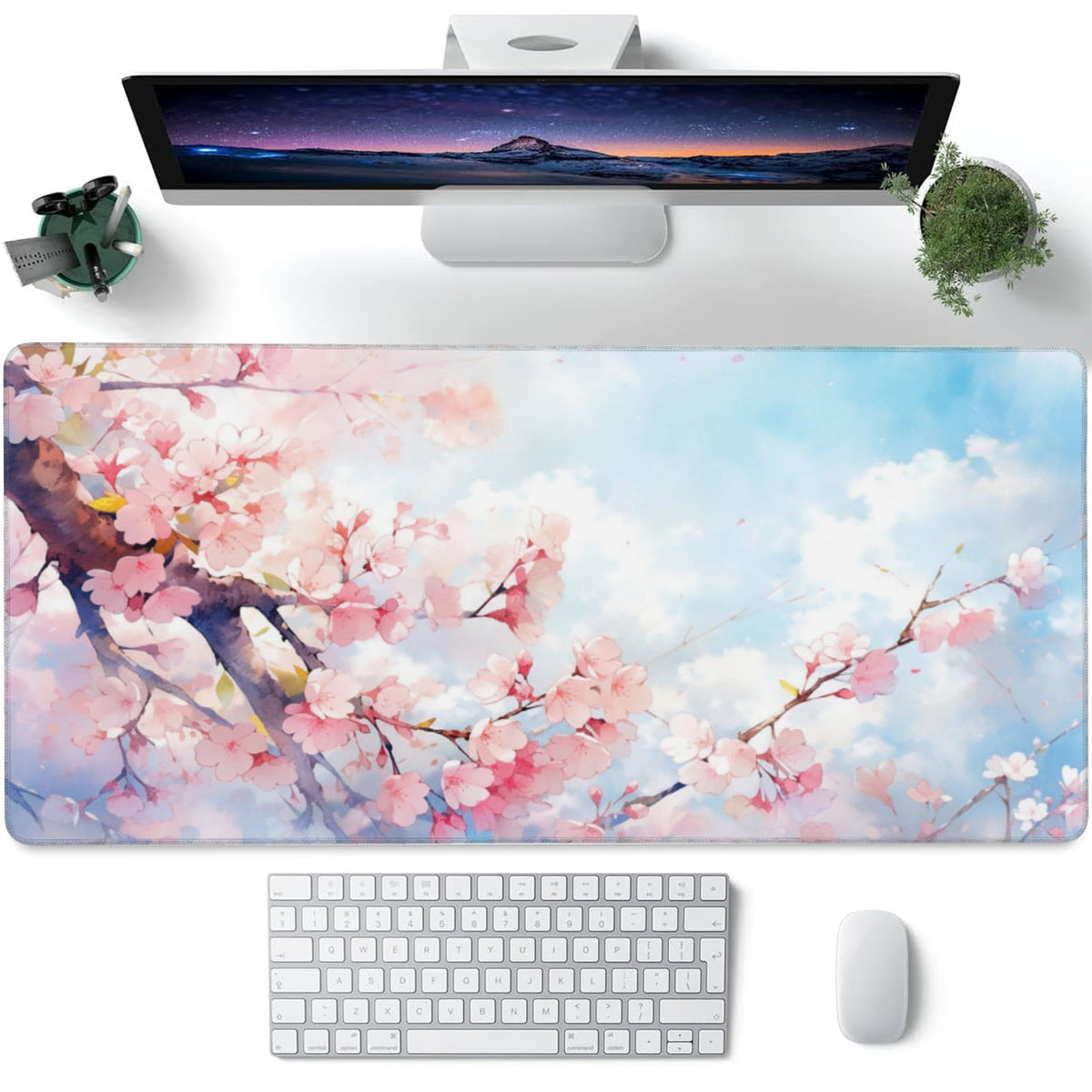 Large Gaming Mouse Pad for Desk,Cherry Blossom Tree Desk Mat for Desktop,Watercolor Floral Desk