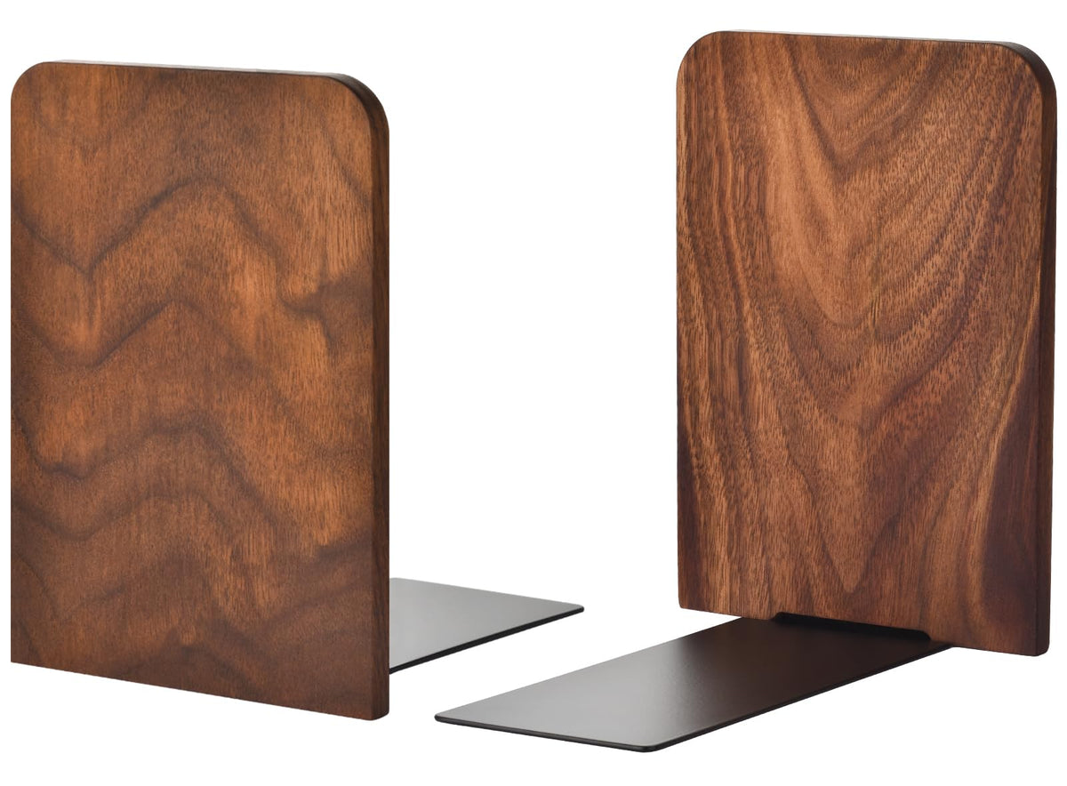 VIVTOB Book Ends, Black Walnut Wooden Bookends for Shelves - Heavy Duty Non-Slip Book Organizers