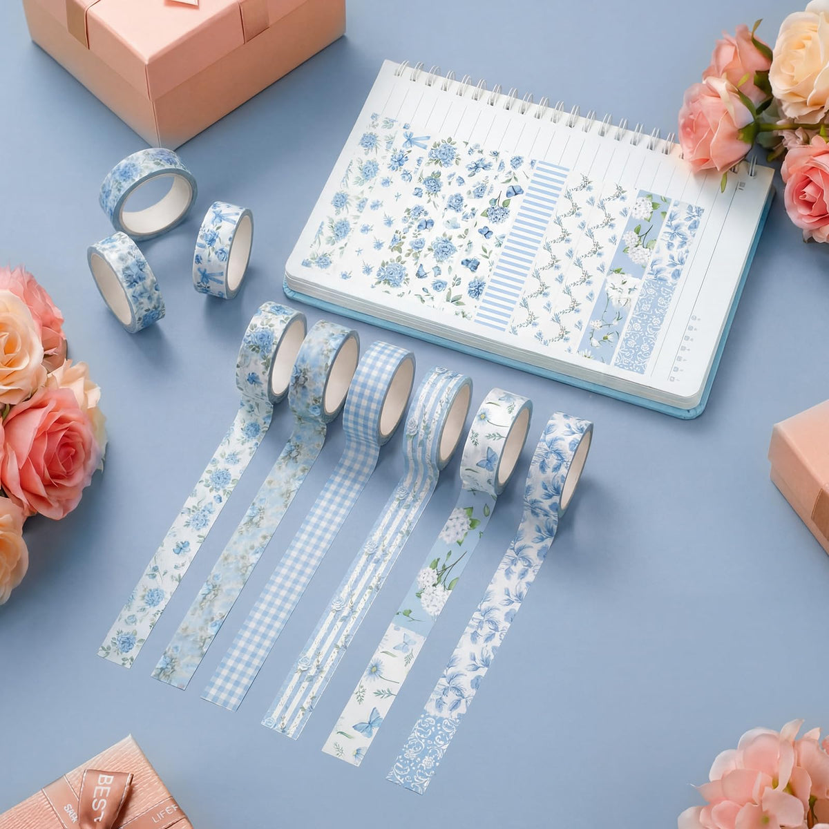 YooNotee 12 Rolls Floral Washi Tape Set,Blue,Rose