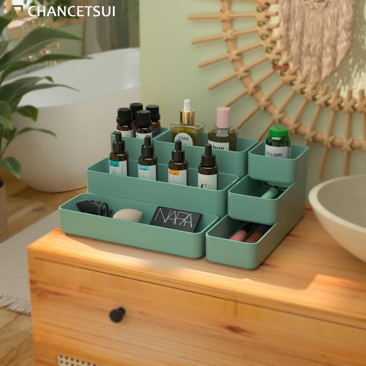 CHANCETSUI 9 Pcs Stackable Drawer Organizer Trays Set, Green, Multifunctional Storage for Vanity