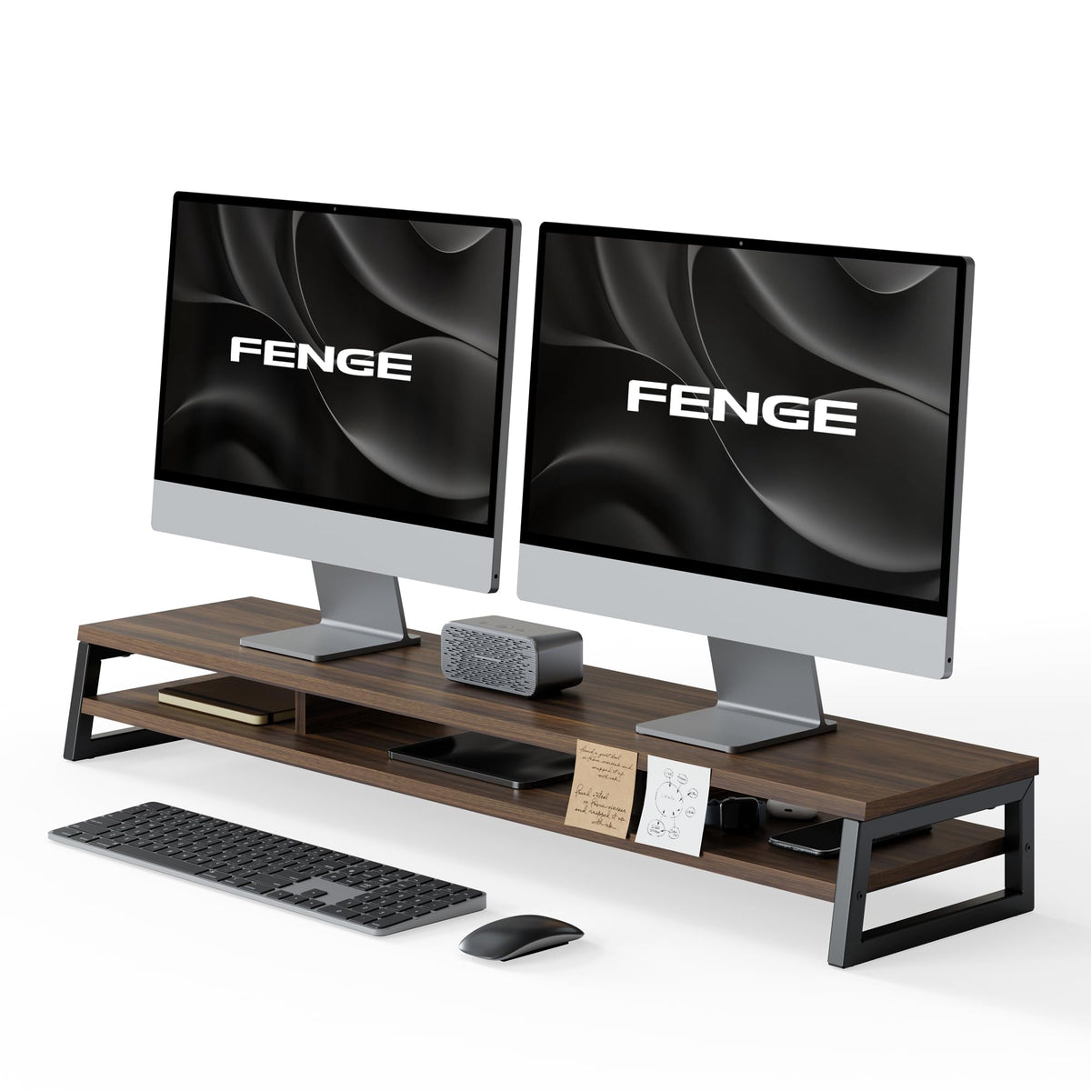 Fenge Dual Monitor Riser for Desk, Open Shelf with 3 Storage Compartments