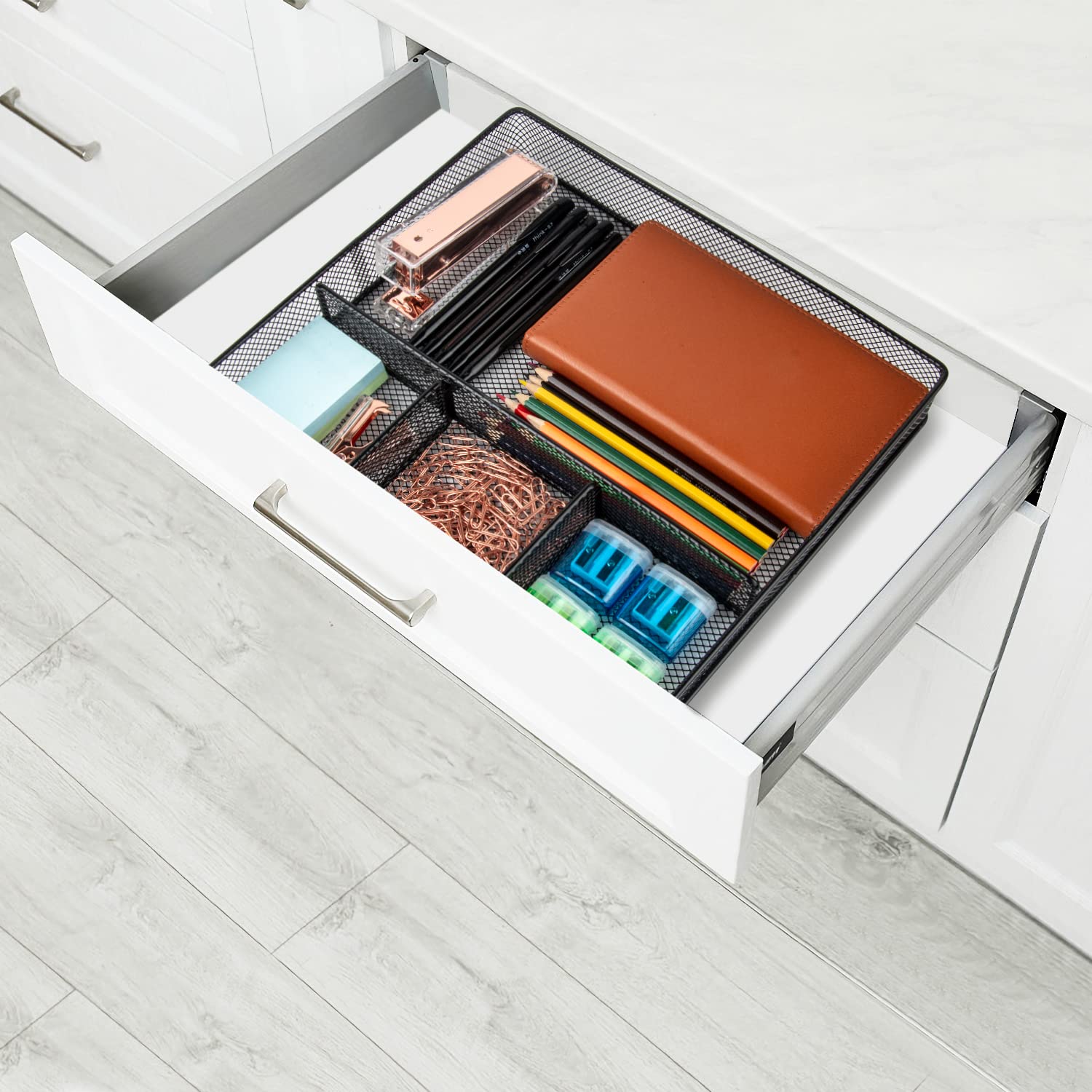 VyGrow Desk Drawer Organizer Tray, Metal Mesh Drawer Organizers Office, 4 Grid with Adjustable