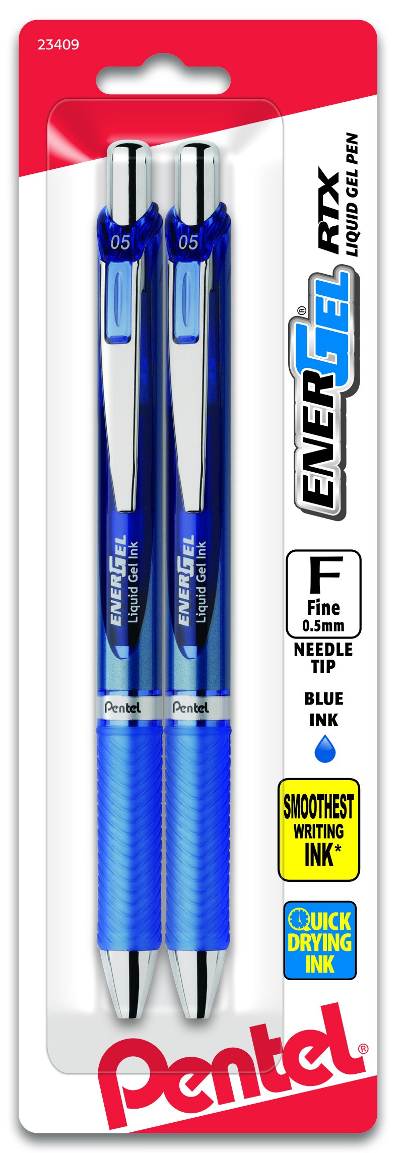 Pentel EnerGel Deluxe RTX Retractable Liquid Gel Pen, (0.5mm), Needle Tip, Blue Ink, 2 Pack