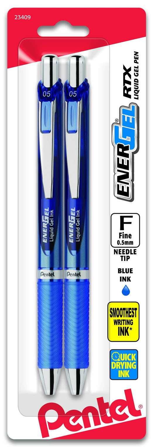 Pentel EnerGel Deluxe RTX Retractable Liquid Gel Pen, (0.5mm), Needle Tip, Blue Ink, 2 Pack