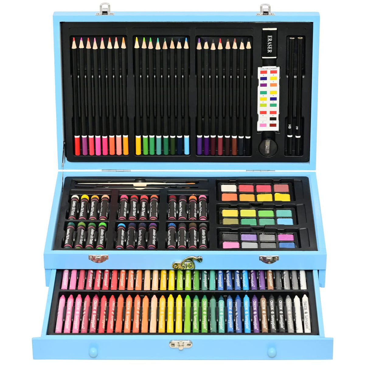 Sunnyglade 145 Piece Deluxe Art Set Wooden Art Box & Drawing Kit Blue