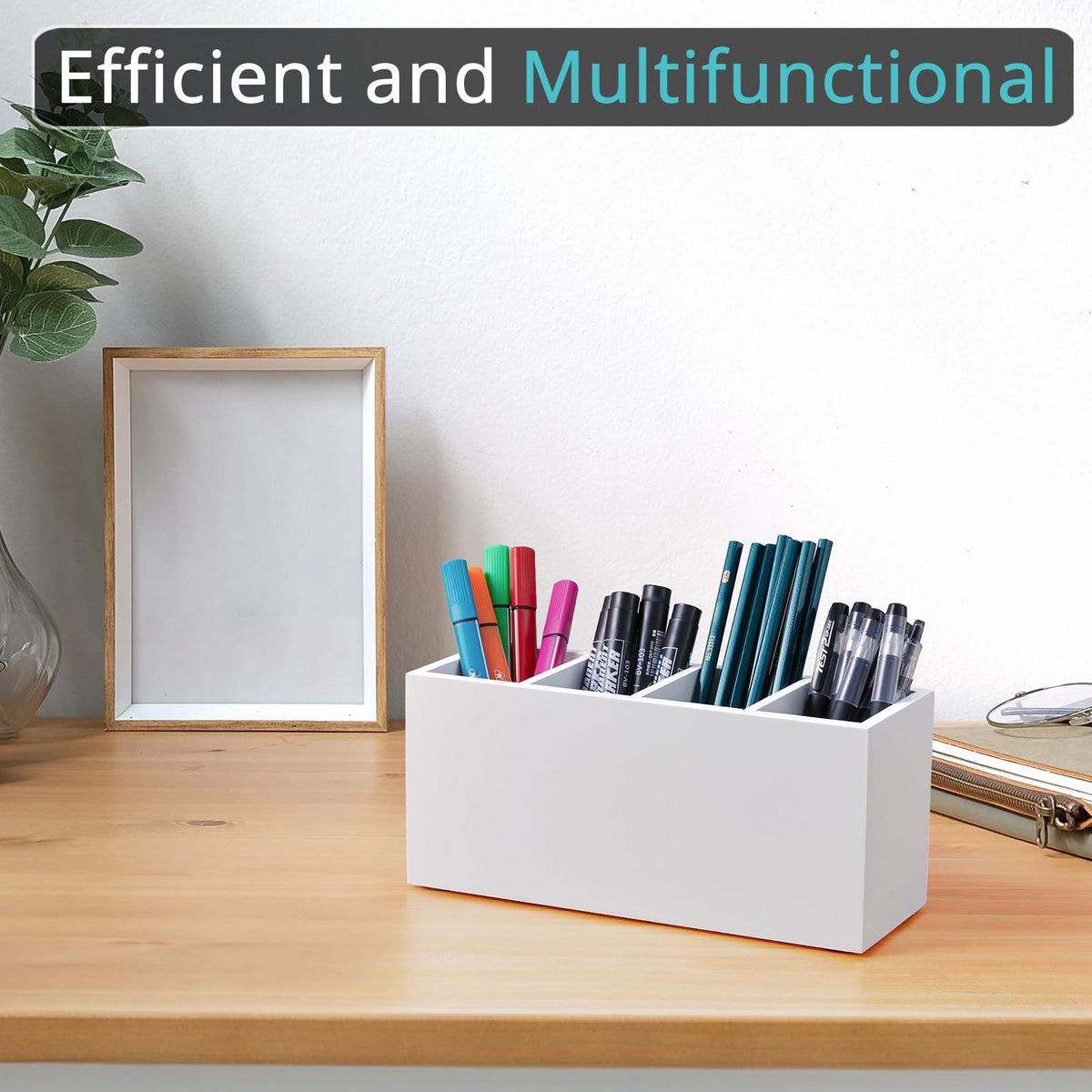 Bivvclaz Pencil Pen Holder for Desk, Wooden Office Desk Organizers and Accessories with 4 Slots for