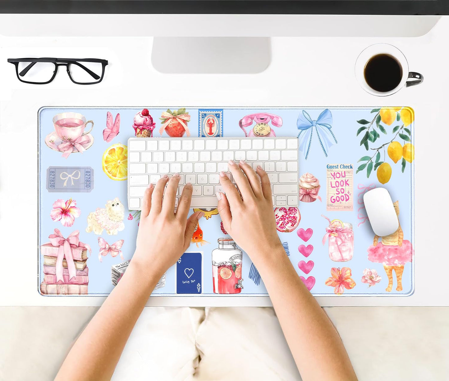 Cute Blue Desk Mat Kawaii Cat Mouse Pad Retro Vintage Large XXL Mousepad Computer Keyboard Laptop