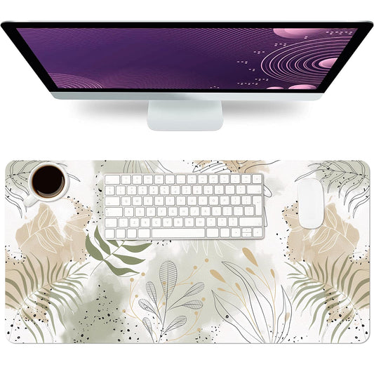 Floral Desk Mat, Non-Slip PU Leather Desk Pad, White Leaves 23.6"x11.8"