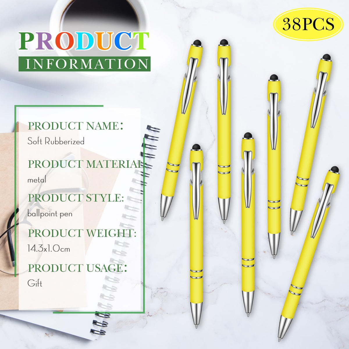 Zonon 38 Pcs Stylus Ballpoint Pens, Metal Rubberized Grip, Yellow