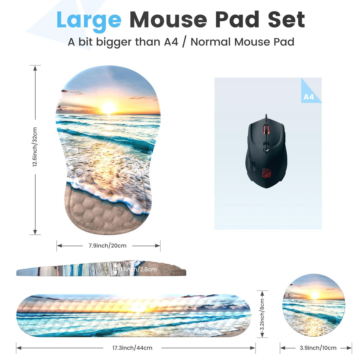 HAOCOO Ergonomic Mouse Pad & Keyboard Wrist Rest Set, Beach
