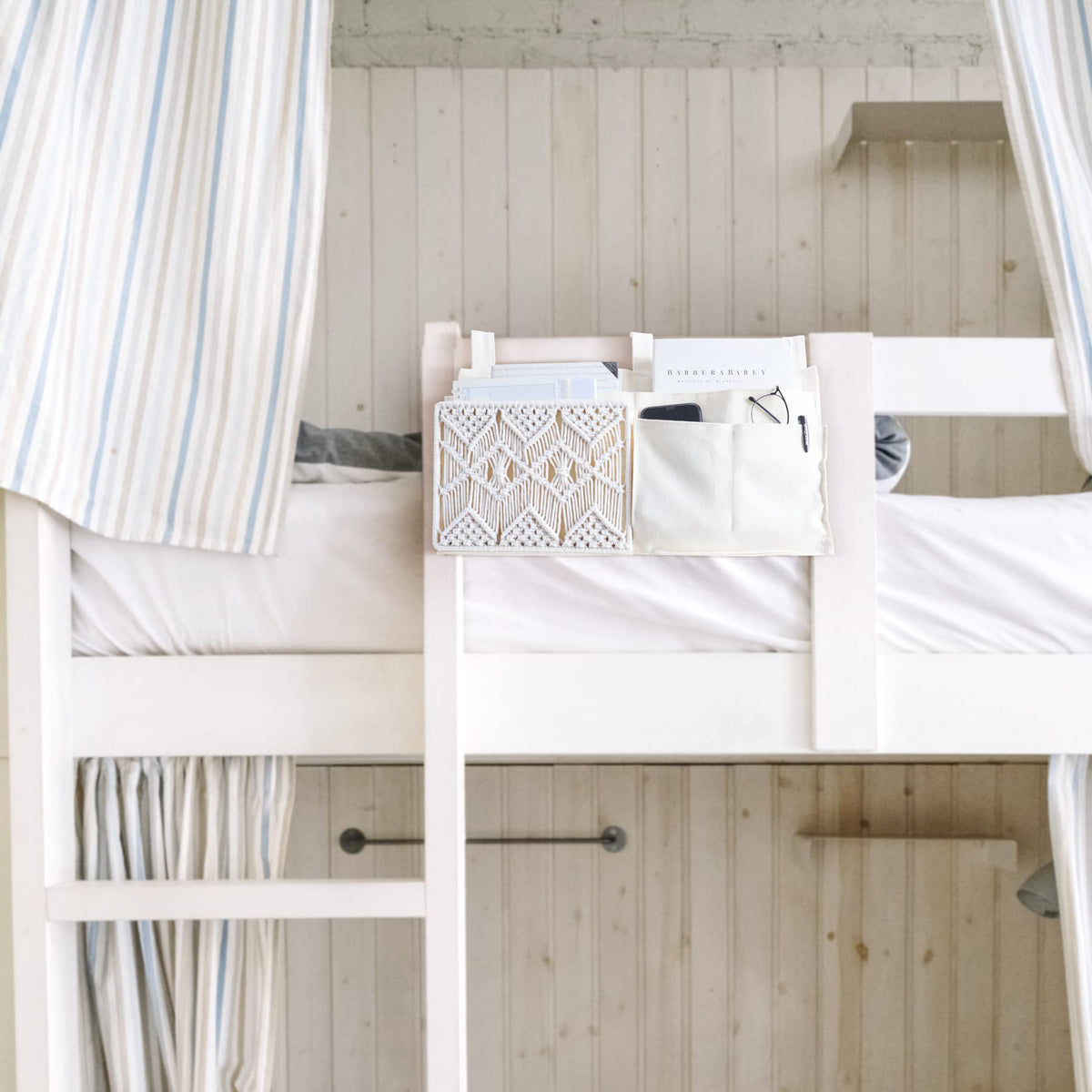 Mkono Bedside Caddy, Macrame Bunk Bed Hanging Organizer, 7 Pockets Ivory