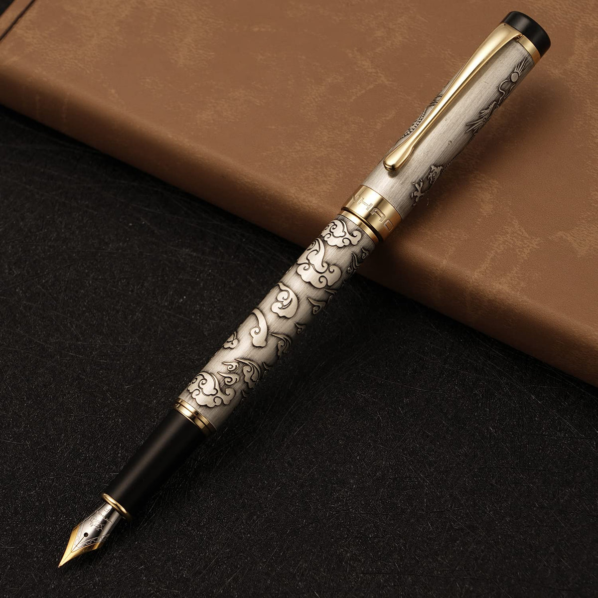 Jinhao 5000 Vintage Luxurious Metal Fountain Pen Beautiful Dragon Texture Carving, Ancient Gray