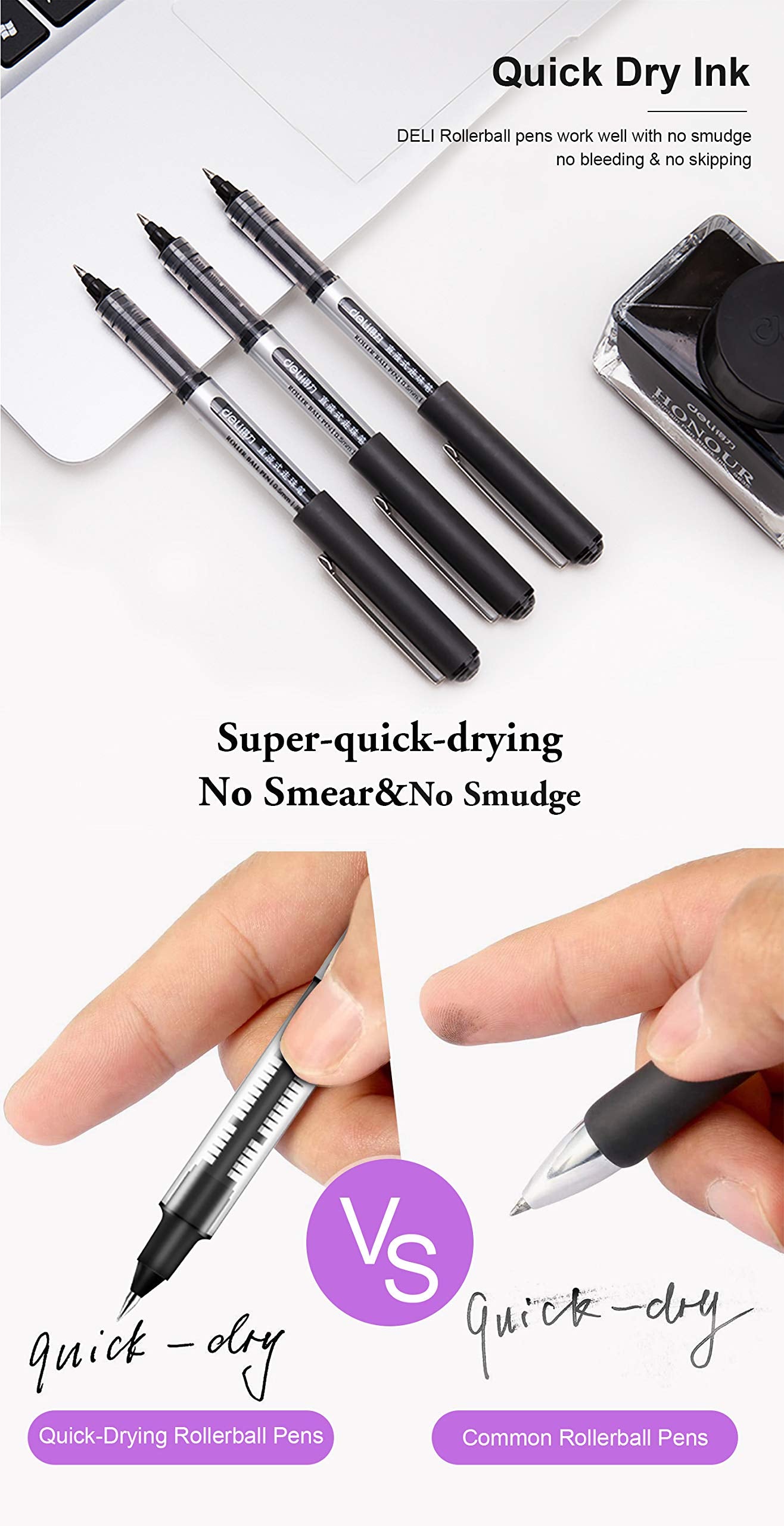 deli 12 Pack Black Rolling Ball Pens, Fine Point Pens, 0.5mm Liquid Ink Pens, Quick Dry, No Smear