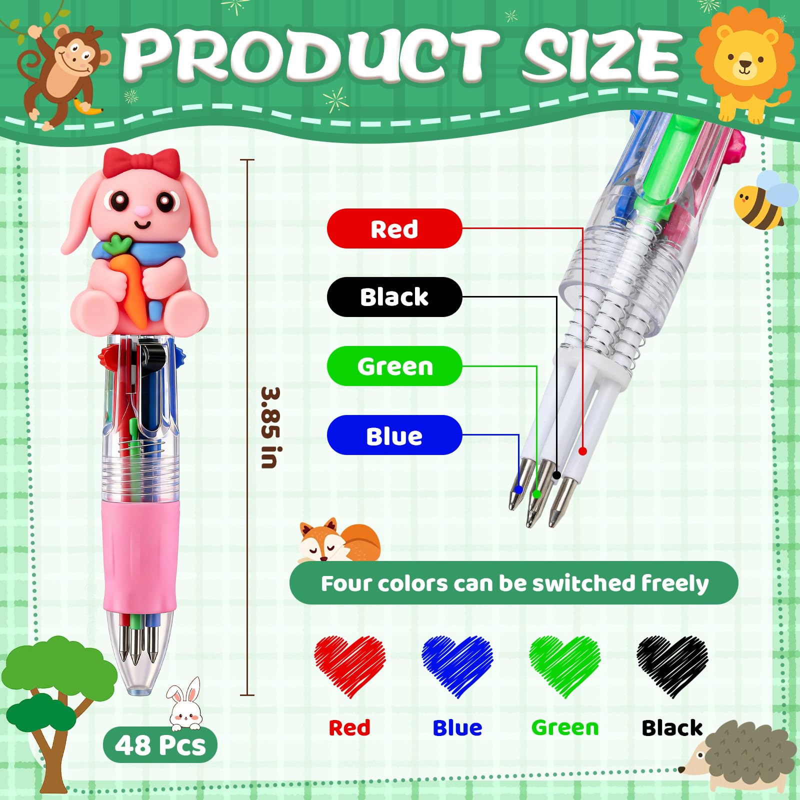 SZCECHRE 48 Pcs Animal Pens Multicolor Pen in One 4-in-1 Cute Pens Bulk for Kids,Ballpoint Pen with