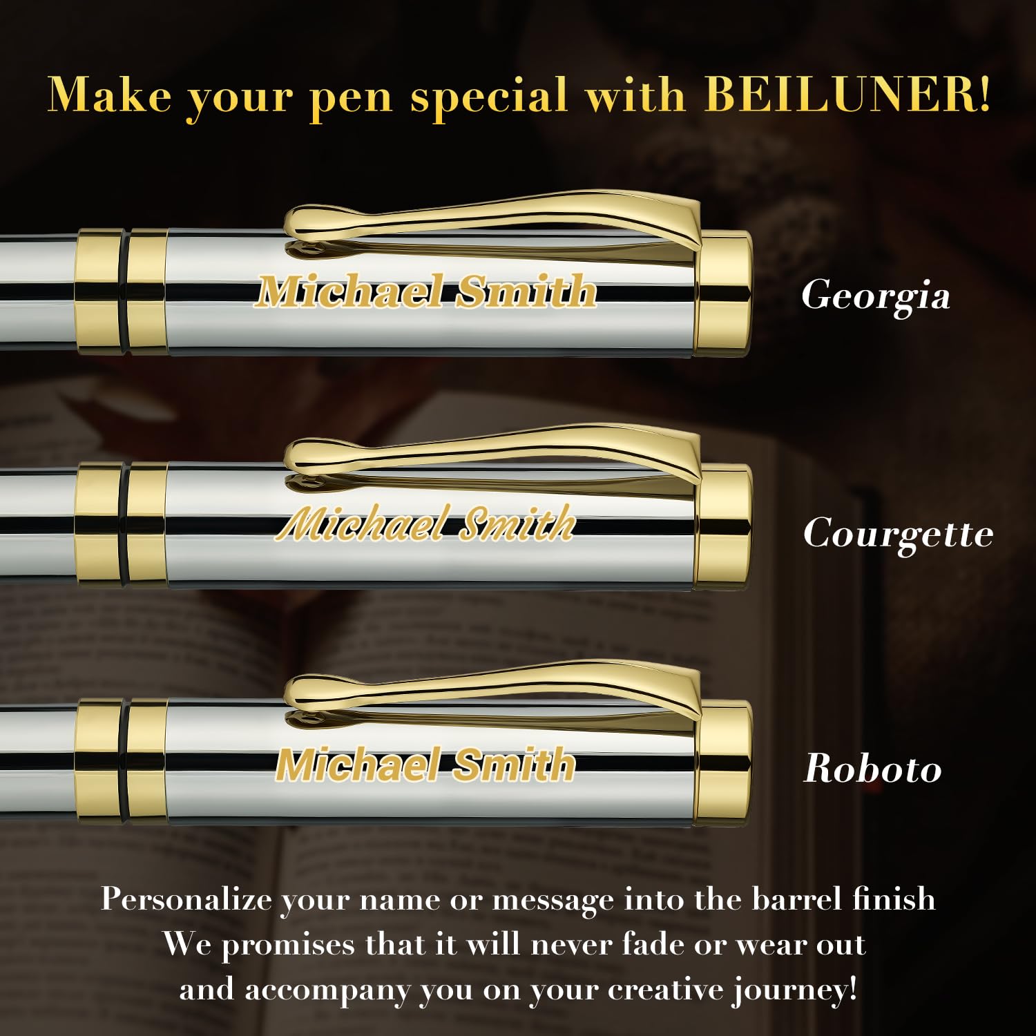 BEILUNER Personalized Pen, Bright Silver Chrome Metal Pen with Golden Trim