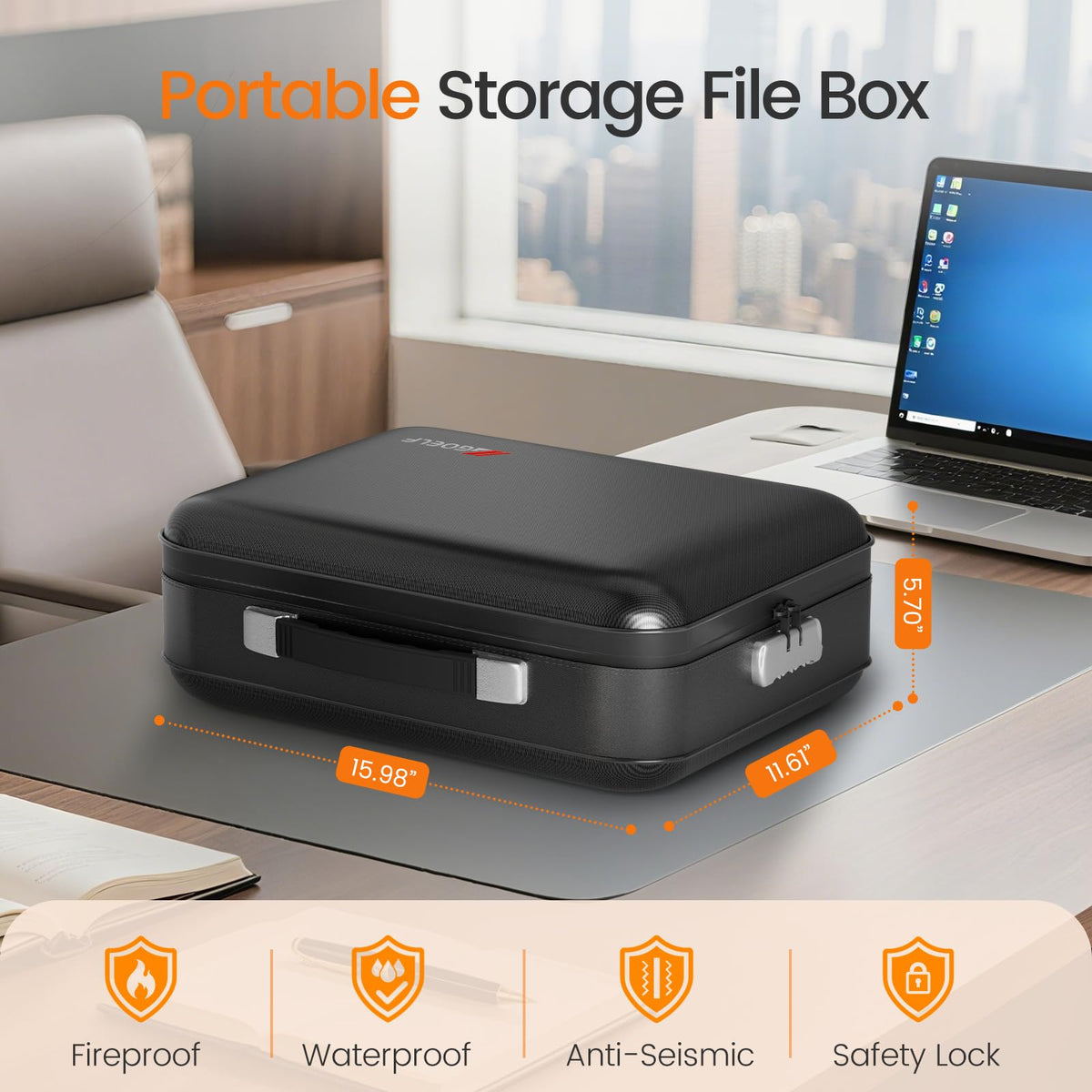 Fireproof Document Box with Lock, 5200°F Fireproof Water Resistant Hard Case File Organizer Safe