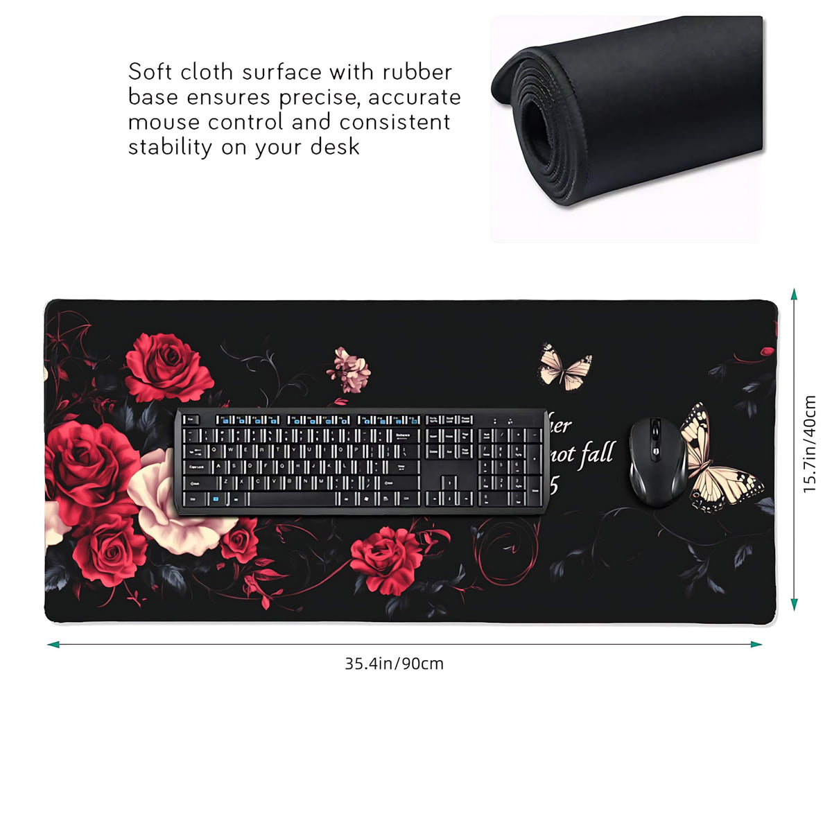 Floral Aesthetic Rose Gaming Mouse Pad, Black Red Gothic Desk Mat with Anti-Slip Base & Stitched