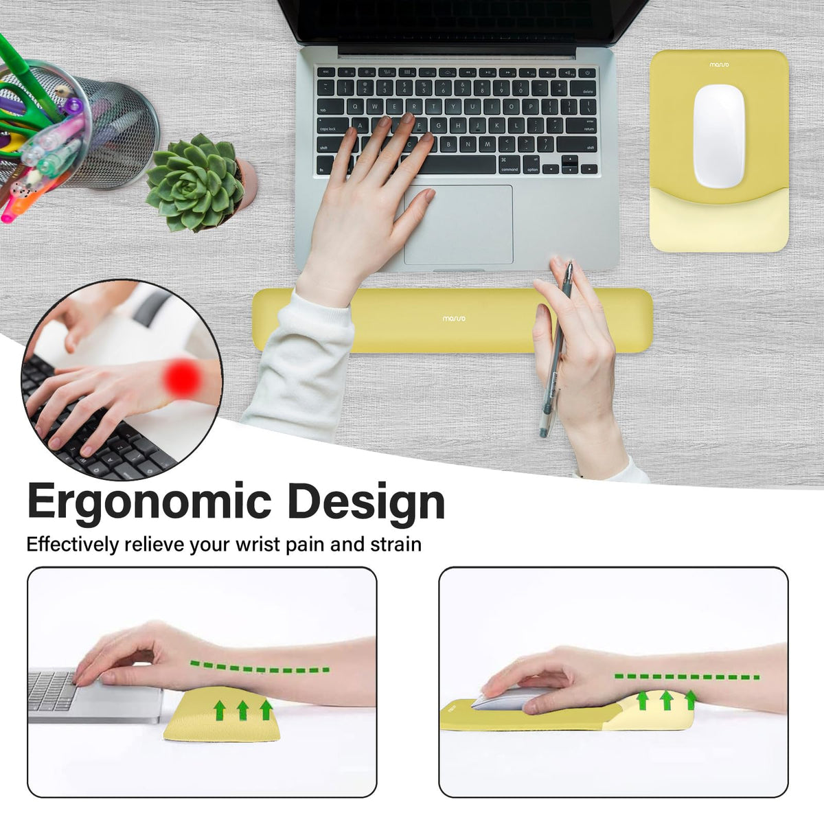 MOSISO Wrist Rest Support Mouse Pad & Keyboard Set, Yellow