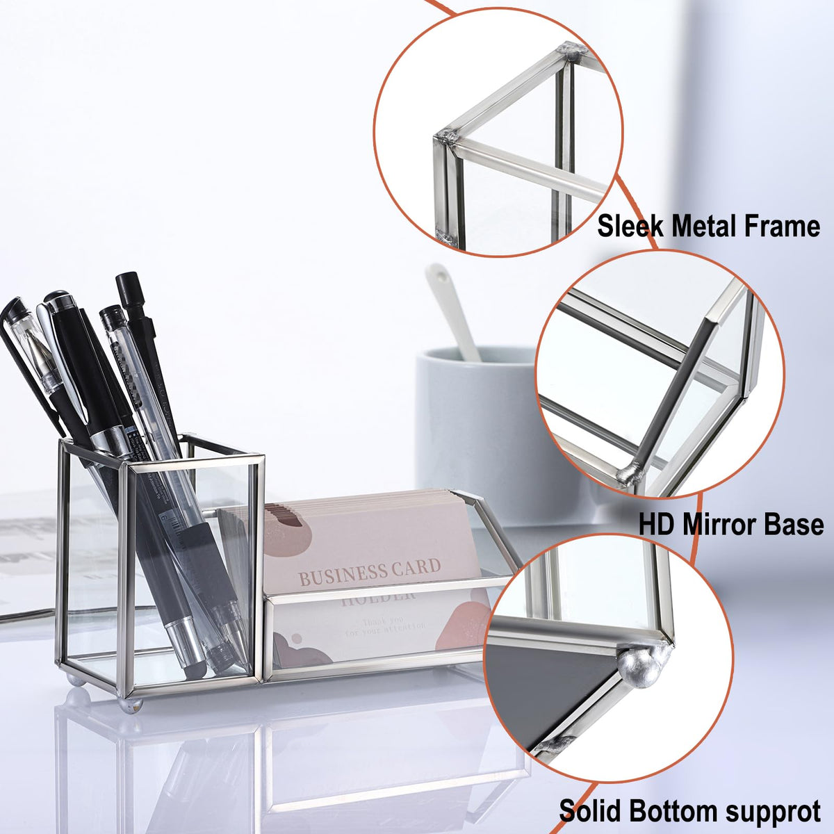 Hipiwe Glass Business Card Holder with Pen Cup for Desk, 2 Slots Silver