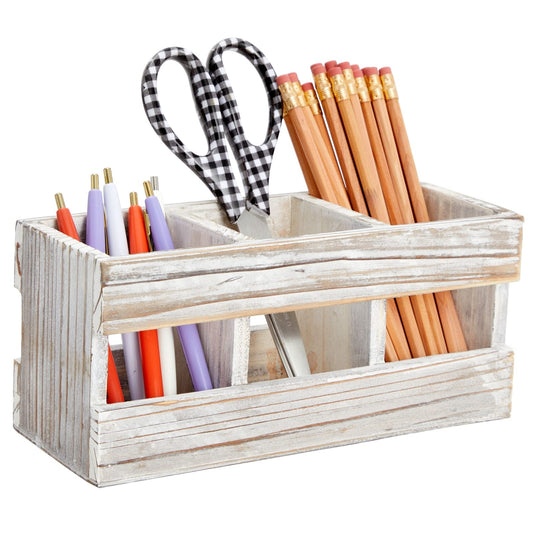 Juvale Farmhouse Decor 3-Compartment Pencil Holder & Desk Organizer - 9.5 x 4.25 x 4 in - Cedarwood