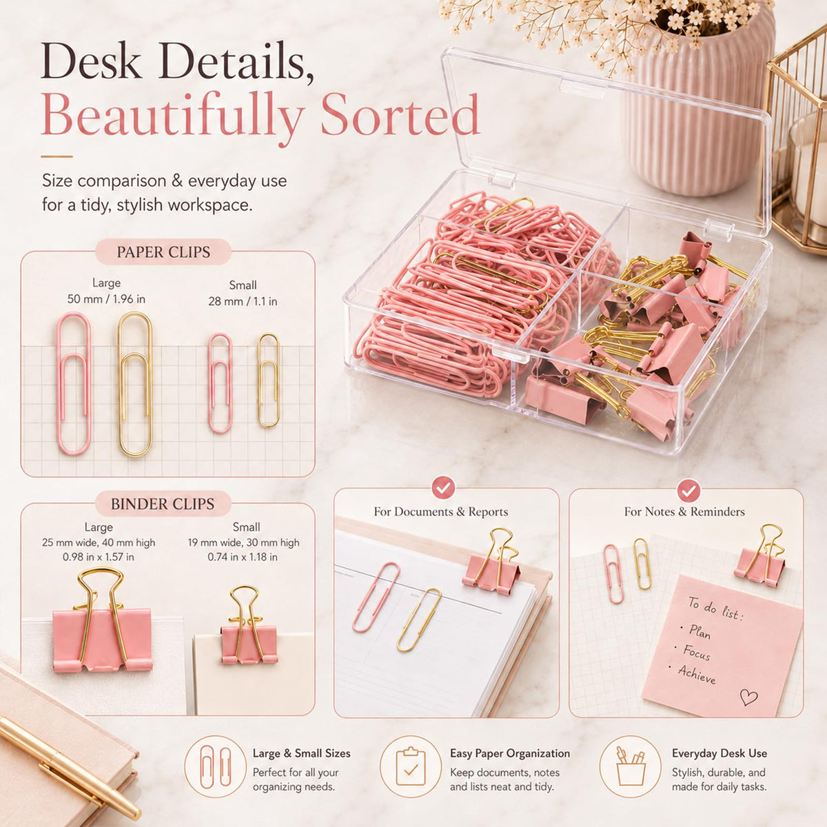 Creechwa Paper Clips and Binder Clips Set, Pink & Gold, Assorted Size Clips