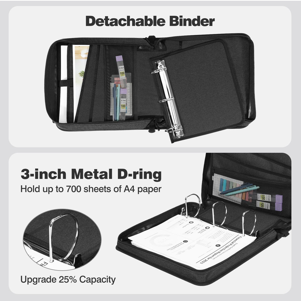 MoKo Zipper Binder, 3-Inch 3-Ring, 600 Sheets, 6-Tab File Folders, Black