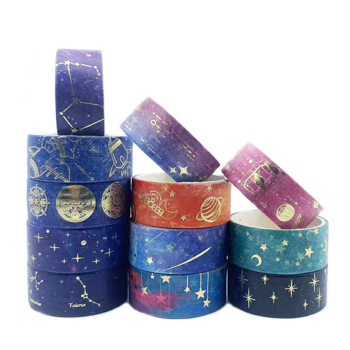 Cotrida Galaxy Purple Washi Tape - Gold Foil Washi Masking Tape with Constalation, Blue Sky, Moon