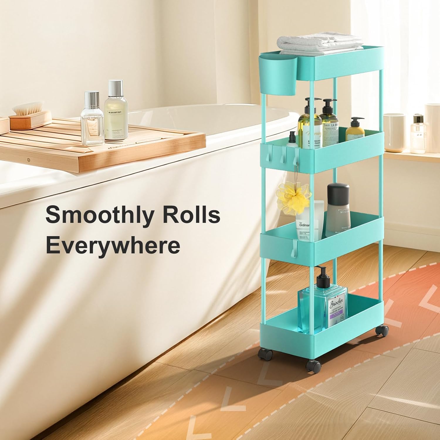 Pipishell 4 Tier Slim Storage Cart with Wheels, Laundry Cart, Turquoise