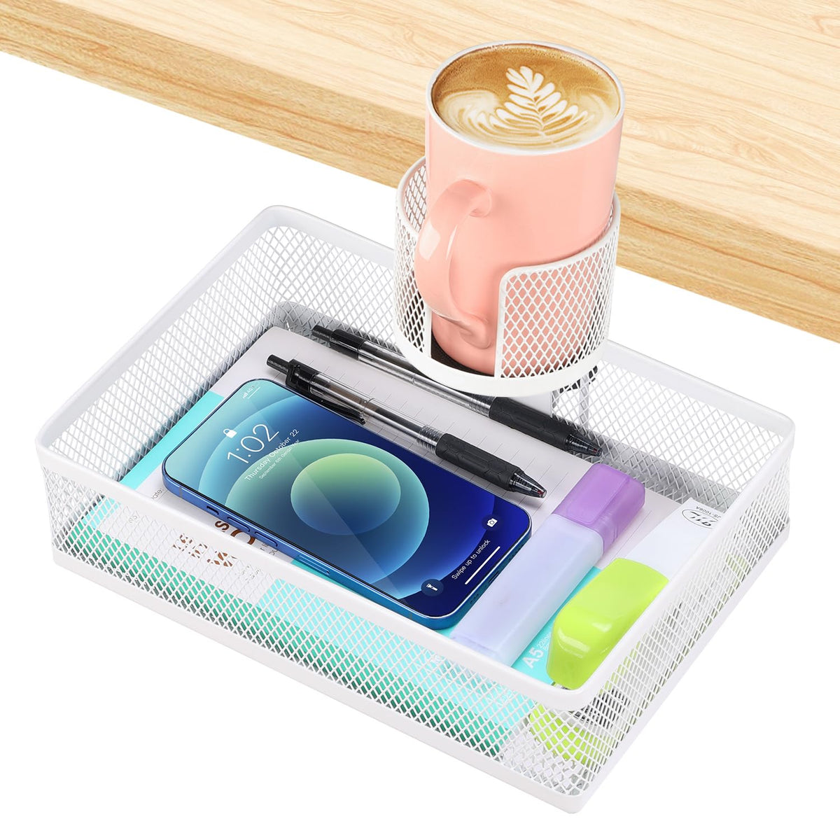 ROSYLINE Rotary Under Desk Storage Organizer with Cup Holder & Drawer Tray