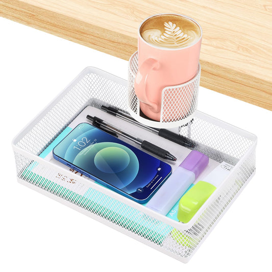 ROSYLINE Rotary Under Desk Storage Organizer with Cup Holder & Drawer Tray