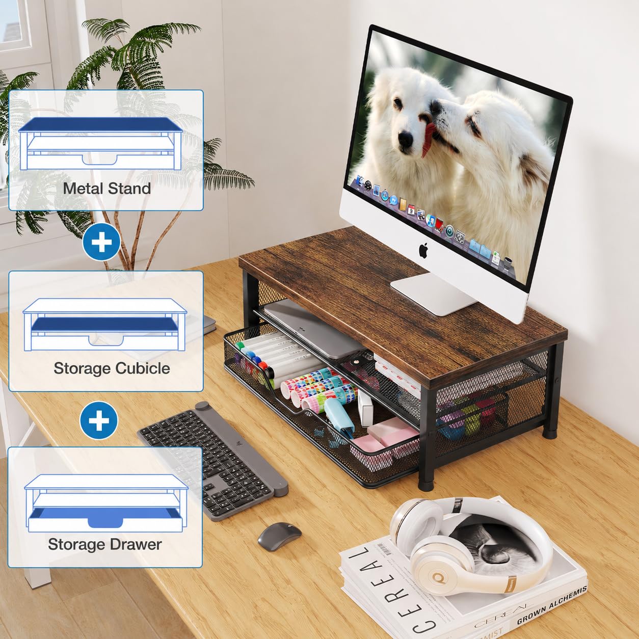 OPNICE Computer Monitor Stand Riser, Desk Organizer with Drawer, Printer & Laptop Stand, Office