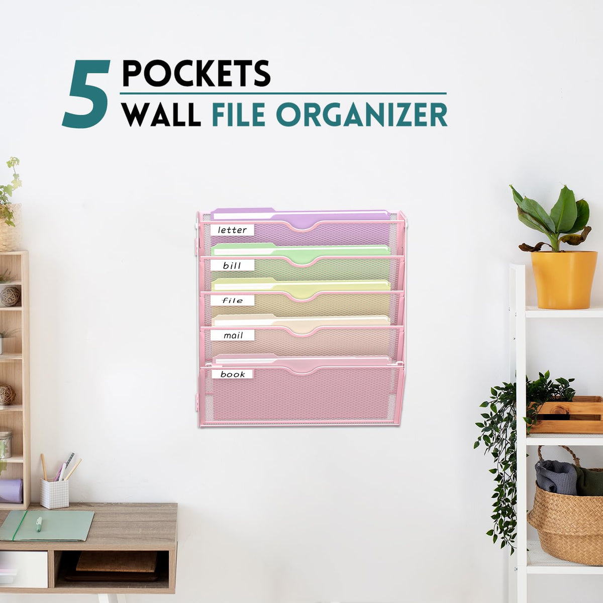 SUPEASY 5 Tier Wall File Organizer, Hanging Wall Mounted Mail Organizer with Label Slots, Metal