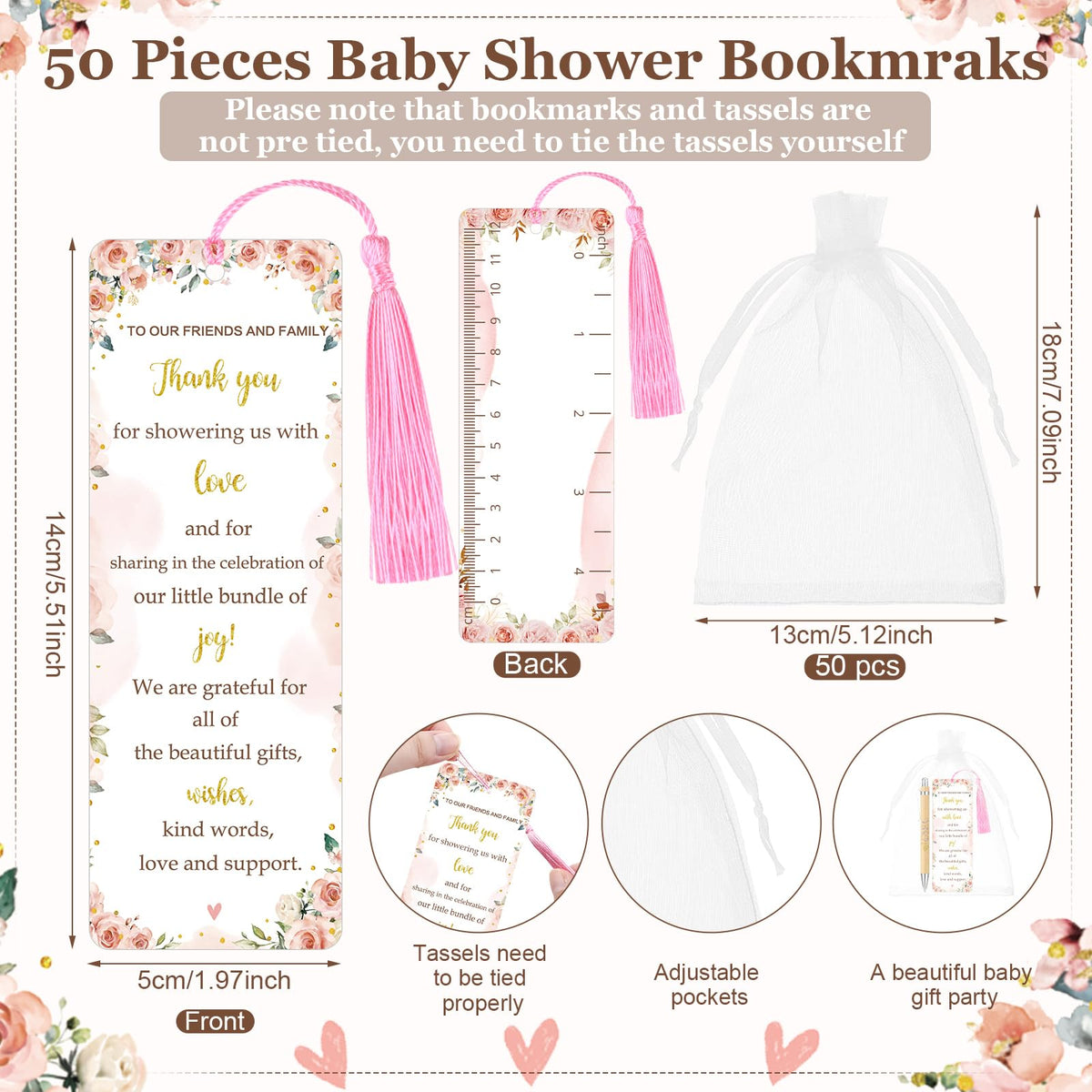 Gilprop 50 Sets Baby Shower Favor for Guest Ballpoint Pen Bookmarks Floral